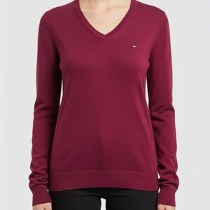 Tommy Hilfiger Cashmere Blend V-Neck Sweater Burgundy Red Size L Christmas